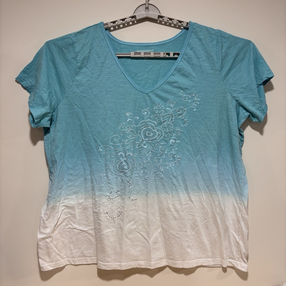 Woman Within Embroidered Dip Dye V Neck Top Seamist Blue Ombré Womens Size 30/32